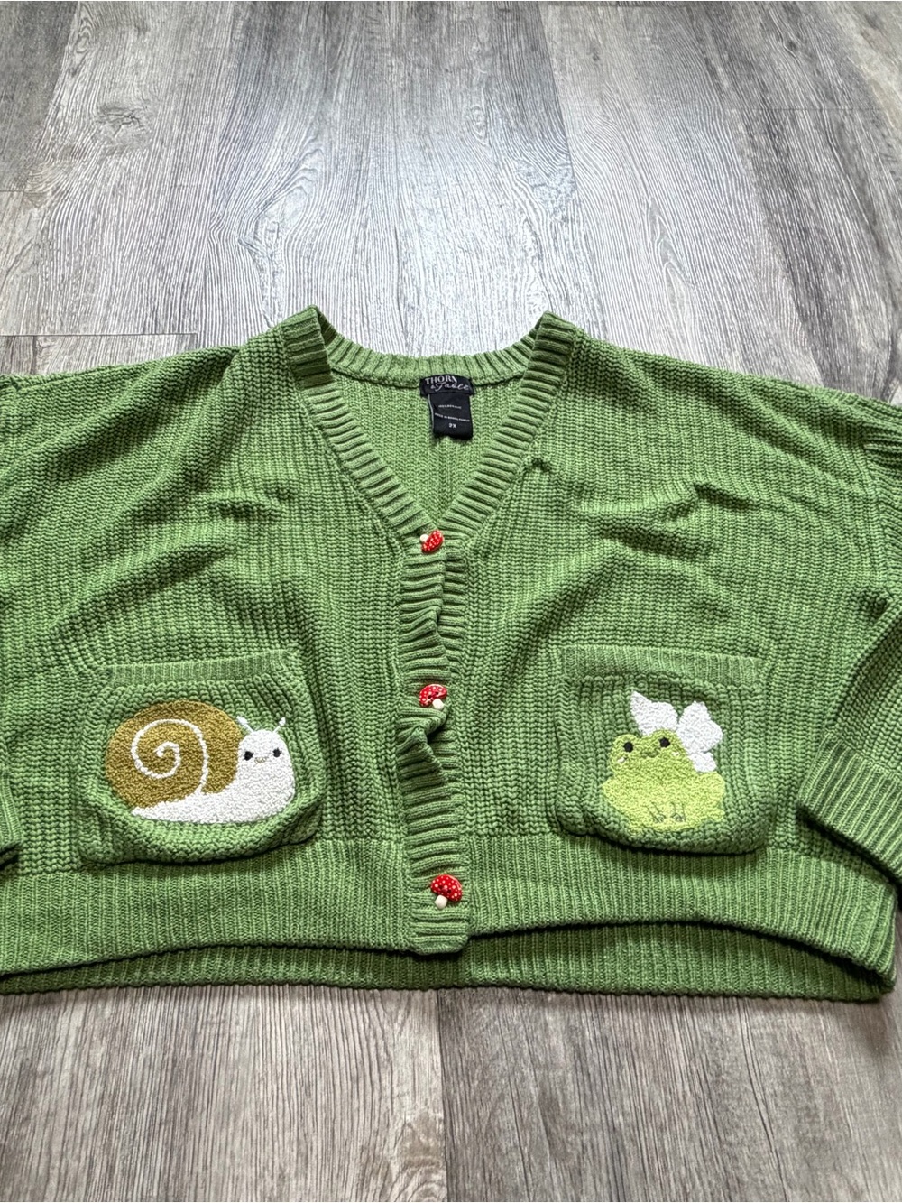 Green Cropped Cardigan with Snail & Frog Pocket Embroidery